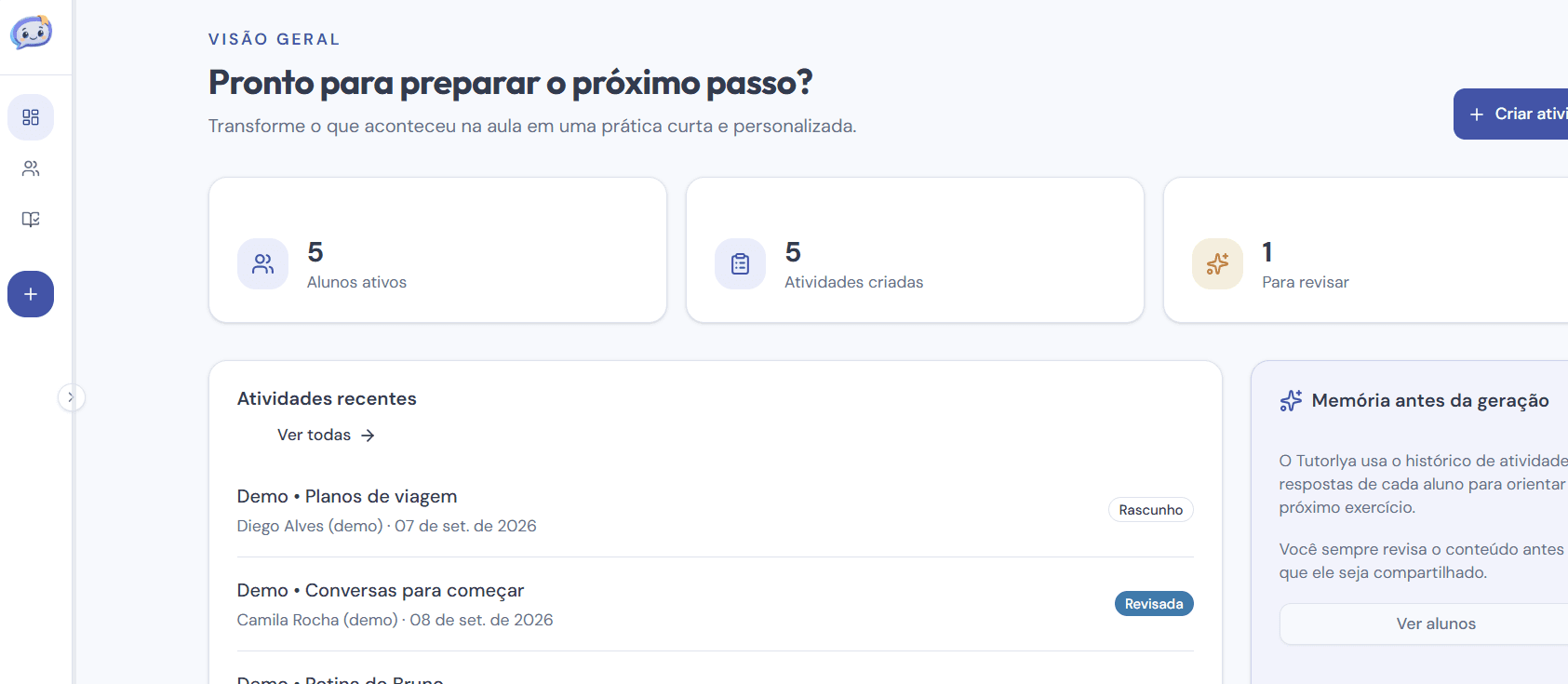 Painel do Tutorlya com alunos ativos, atividades recentes e memória antes da geração