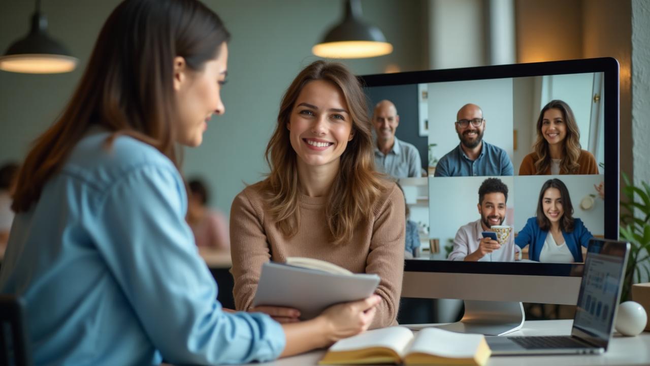 Professor de idiomas utilizando a plataforma Tutorlya para dar aula online, mostrando organização e profissionalismo